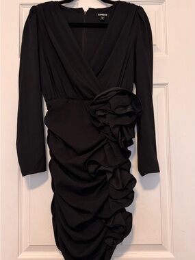 Express Black Long-Sleeve Ruffle-Detail Dress